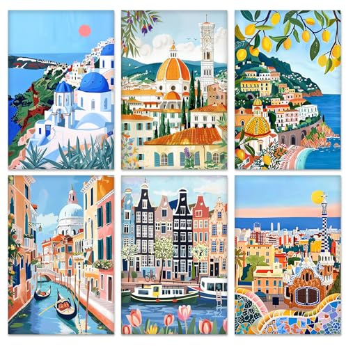 QENSPE 6 Piezas Kit de Pintura por Números, Lienzos Estirados para Pintar para Adultos, Pintura al Óleo Acrílica para Estudiantes Principiantes, Suministros para Dibujo, Paisaje Urbano (20x30 cm)