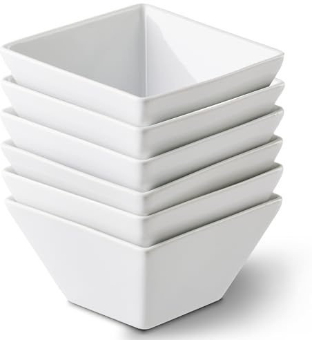 KERQSULIC Porcelain Cereal Bowls Set of 6, 13 Oz Square Serving Bowls Set, 4.6in White Ceramic Dessert Bowls for Salad, Snack, Soup, Portion, Side Dishes, Fruits, Dishwasher and Microwave Safe