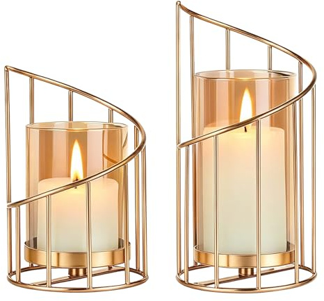 Niboow Windlichter Kerzenständer Deko Gold 2er Set (Kerzen Nicht Enthalten), Glas Metall Kerzenhalter, Kerzenleuchter Blumenvase, Wohnzimmer Tischdekoration, Romantische Kerzenlicht Deko für Kerzen