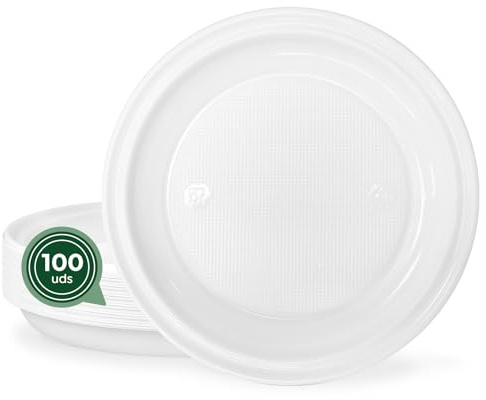 Maxi Products - 100 Platos Plástico Blancos Reutilizables - Ø22 cm - Platos Vajilla - Norma UNE-EN-12875-1 - Plato Redondo - Alta Resistencia - Picnic - Celebraciones - APTO COMIDAS CALIENTES Y FRÍAS