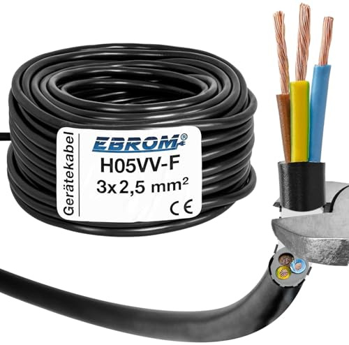 EBROM Schlauchleitung Gerätekabel H05VV-F 3x2,5 mm² - schwarz, Länge: 25 m | von 5 m bis 50 m wählbar, flexibel RUND, 3x2,5 mm2, leistungsstarke Haushaltsgeräte, Elektrowerkzeuge, Verlängerungsleitungen