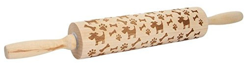 WElinks Teigrolle aus Holz, lasergraviert, geprägtes Hartholz im Katzen-Design, ideal zum Backen, Kochen und Spielen mit Kindern Dog/Paw/Bone-38cm