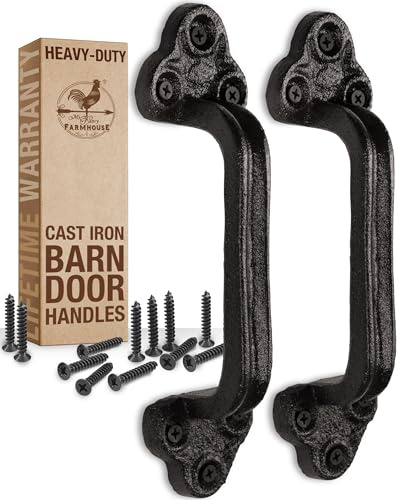 Heavy Duty Barn Door Handles (Set of 2) Black Rustic Cast Iron Gate Handles - Farmhouse Decor, Strong Closet Sliding Door Pull - with Hardware (Large - 9 inches, Indoor & Outdoor)