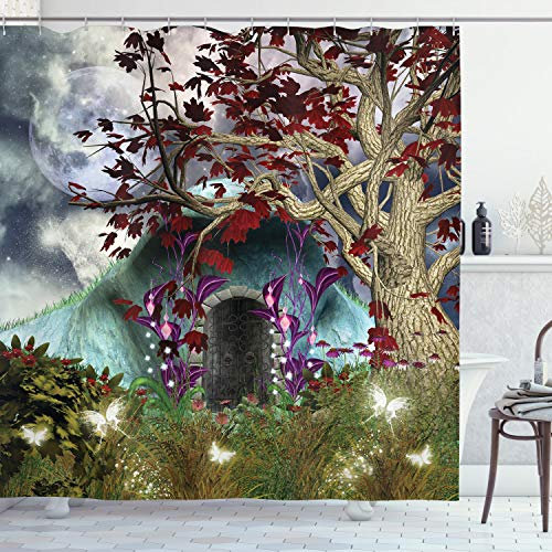 ABAKUHAUS Phantasie Duschvorhang, Abstrakt Goth Baum und Höhle, Stoffliches Gewebe Badezimmerdekorationsset mit Haken, 175 x 200 cm, Grün Mehrfarbig