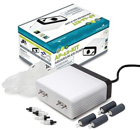 AllPondSolutions Aquarium Air Pump For Fish Tank Coldwater or Tropical up to 700 Litres - 4 Outlets - Ultra Quiet Oxygen Pump - Includes Airline Non-Return Valves and Air Stones - Complete Kit