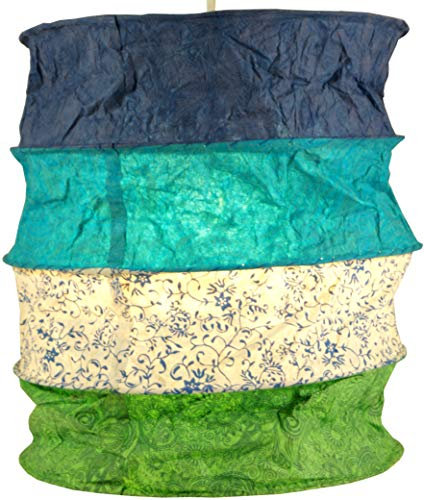 GURU SHOP Runde Boho Papier Hängelampe, Lokta Papierlampenschirm Kailash, Handgeschöpftes Papier - Blau/grün, 35x28x28 cm