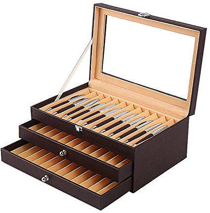 Maestrorelojero - Présentoir pour 36 stylos Plume, Verre, Bois, Cuir écologique et Microfibre | Porte-Stylo Noir