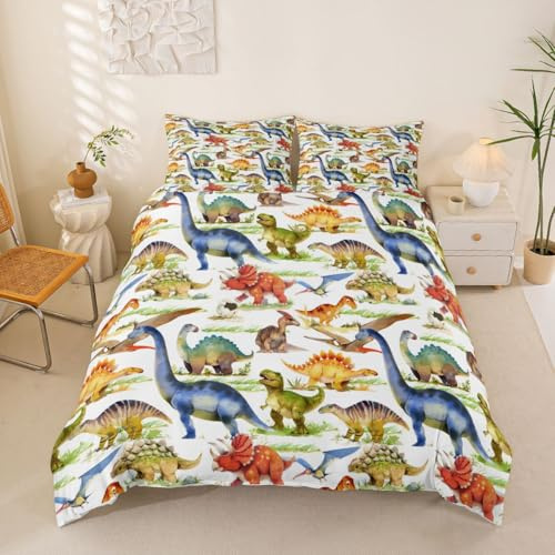 Cartoon Dinosaur Pattern Bettwäsche Set Kinder Kinder Bettwäsche Set für Jungen Mädchen Mikrofaser Himmlische Qualität Bettbezug mit 1 Kissenbezug 2 Stück 100x135cm + 40x60cm, Reißverschluss