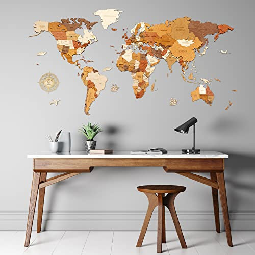Carte du monde en bois pour décoration murale - bois teinté multicolore, multicouches, noms gravés - Effet 3D unique - Pour salon, bureau ou chambre (L120 120x60 cm - Traveler)
