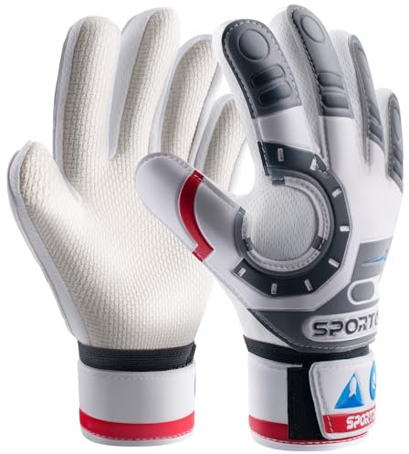 Sportout Torwarthandschuhe Kinder und Jugendliche, Fußball Torwarthandschuhe, Fußballhandschuhe, Doppeltem Schutz, Tragbarkeit, Super Halt (White, 7)