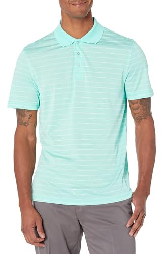 Amazon Essentials Herren Golf-Poloshirt, kurzärmelig, Dri-Fit, schmale Passform, schnelltrocknend, Aqua Blue Stripe, Größe L