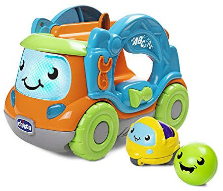 Chicco Raimondo il Camion Giramondo, Centro Attività per Bambini Elettronico e Parlante con Mini Veicoli Turbo Ball e Palline, con Attività Manuali, Luci e Suoni, Giochi Bambini 1 Anno, 4 Anni