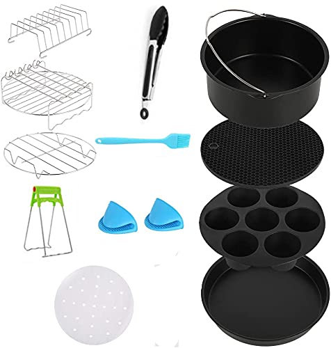 scosao 12 PCS Accessoires pour Friteuses à Air, 8 Pouces Air Fryer Accessoires Antiadhésif Cookeo Panier pour Friteuse de 5.3QT-5.8QT avec Tonneau à Gâteau, Moule à Gâteau, Plateau à Pizza