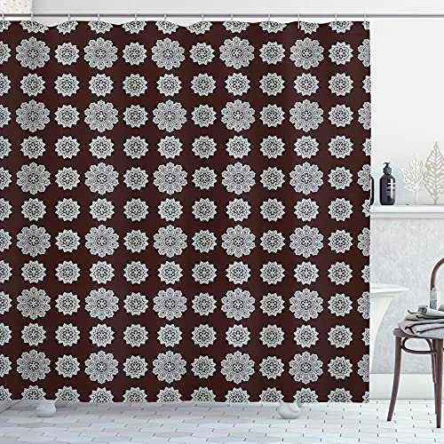 ABAKUHAUS Mandala Duschvorhang, Oriental Spitze Hippie Blumen, Stoffliches Gewebe Badezimmerdekorationsset mit Haken, 175 x 220 cm, Kastanienbraun Weiß