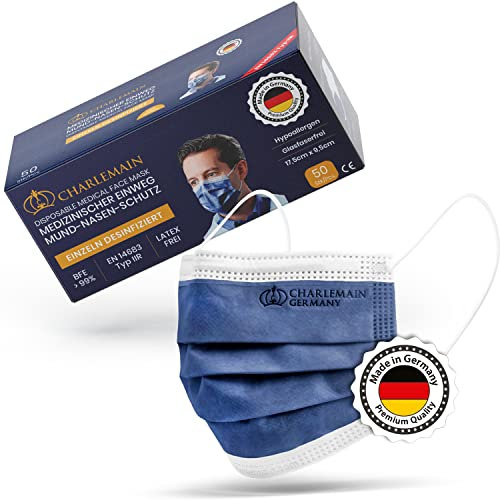 Charlemain 50x Mascherina Chirurgica, Made In Germany, EN 14683 Tipo IIR, Certificata Ce, Protezione Medica, Bfe > 99%, 3 Strati, Resistente Agli Schizzi, Inodore, Latex Free - Blu Navy
