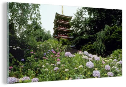 MuchoWow Glasbild Glasfoto Wandbild Bilder Deko 80x40 cm Japanischer Garten mit Hortensien