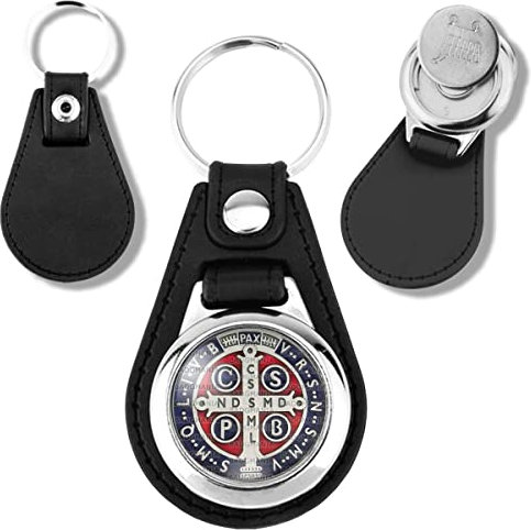 Badgmania Porte Clés Cuir Vegan Jeton de Caddie Medaille Croix de Saint Benoit Couleur Exorcisme Benediction