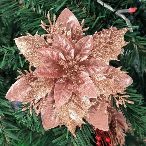NiidodKatzi 15 Stück Weihnachtssterne künstliche Weihnachtsblumen Dekorationen mit Clips und Stielen & 20 Stück Pfeifenreiniger Bastelbedarf Glitzer Weihnachtsstern Dekorationen (Roségold)