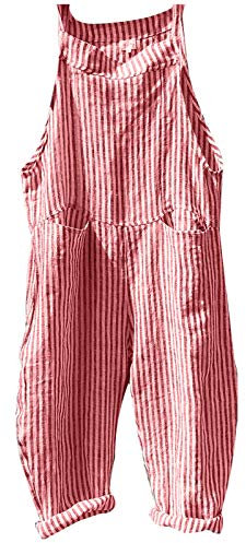 IQYU Salopette da donna, pantaloni da lavoro, estivi, lunghi, vintage, estivi, da donna, in lino, taglie forti, tuta da lavoro, tuta intera, Colore: rosso, L