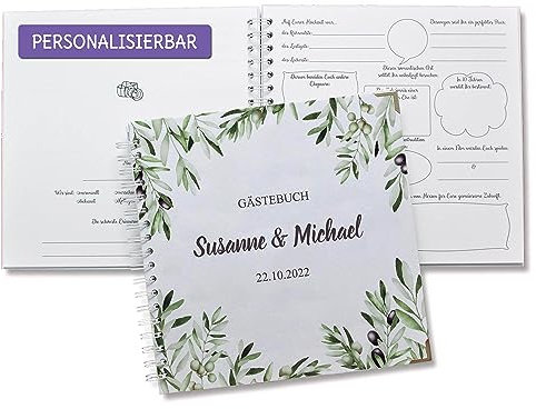 FEENSTAUB Gästebuch Hochzeit mit Fragen zum Ausfüllen, Hochzeitsgästebuch personalisiert, Gästebuch Regenbogen-Hochzeit, Olivenzweige, Hochzeitsbuch, Vorgedruckte Fragen für Gäste