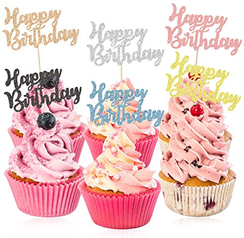 24Pcs Happy Birthday Cupcake Toppers Glitter Cupcake Toppers Celebrating Birthday Cupcake Picks for Celebrating Happy Birthday Party Cake Decorations Supplies (6 Colors)