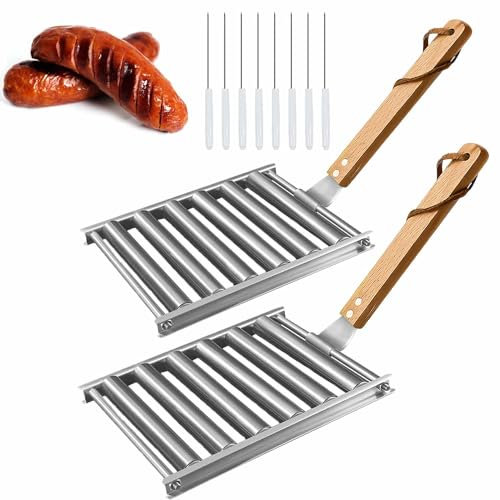 Znorso Hot Dog Roller aus Edelstahl mit extra langem Holzgriff, BBQ Hot Dog Griller für gleichmäßig gekochte Hot Dogs, 5 Hot Dog Kapazität (2 Stück 16,5 x 14 x 1,5 cm)