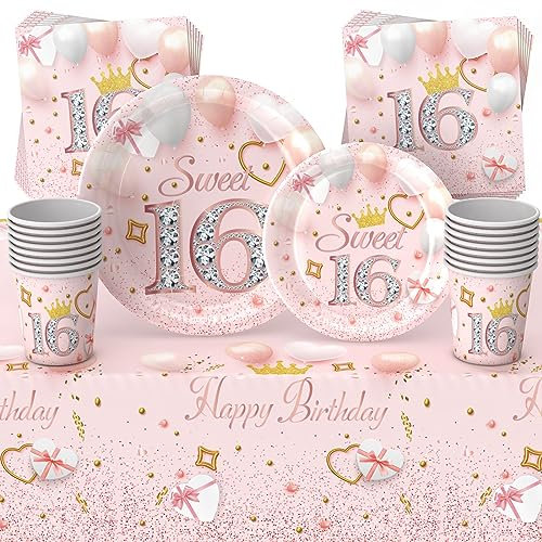 69pcs Pink Happy 16th Birthday Party Tableware Decorations for Girls, Disposable Set With Tablecloth, 7inch Paper Plates, Napkins, Cups