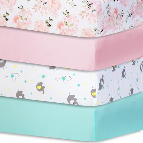 Bimocosy Spannbettlaken 60x120cm, 4er Set für Babybett & Kinderbett, Weiche Mikrofaser, Atmungsaktiv & Oeko-TEX Zertifiziert, Waschbar, Rosa/Blumen/Elefant/Seeblau