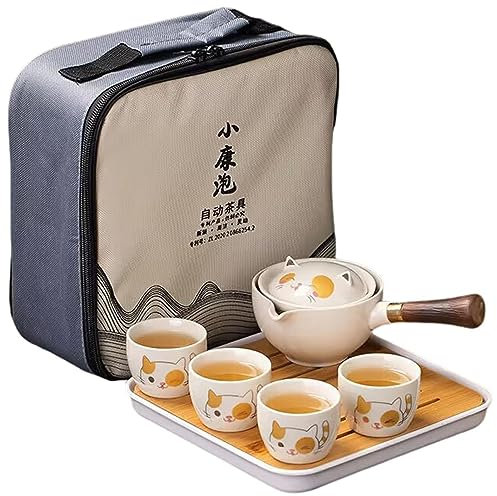 Decorhome Service à thé Chinois Gongfu, théière 160 ML avec théière et infuseur à Rotation à 360°, théière Magique Chat, Service à thé Voyage Portable en céramique avec poignée en Bois, Service à