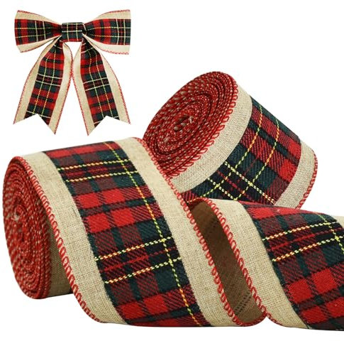 TONIFUL Green and Red Plaid Check Burlap Ribbon, 6cm x 6yds, 2pcs Burlap Wired Ribbon for Crafts Ornament Wrapping, Bows Making, Room and Party Decoration
