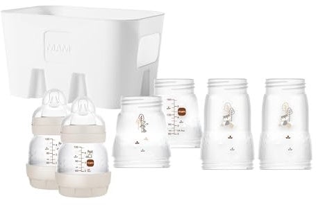 MAM Easy Start Anti-Colic Combi-Set, Babyflaschen Set mit 6 Flaschen gegen Koliken (2 x 130 ml, 160 ml, 260 ml) & Flaschenkorb, Babyausstattung ab der Geburt, beige
