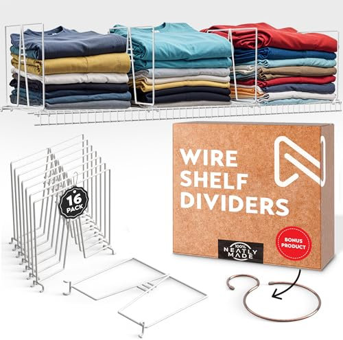 Neatly Made Hohe weiße Draht-Regal-Trennwände für Schrankorganisation – stabile und einfach aufzubauende Schrankregal-Trennwände mit zusätzlichem rotgoldenem Aufhänger (30,5 cm Drahtregale, 16er-Pack)
