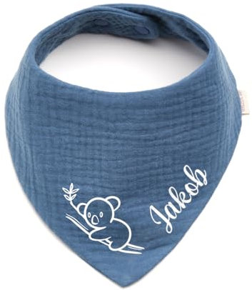 Personalisiertes Dreieckshalstuch aus Baumwolle/Musselin | Koala mit Namen | Halstuch für Jungen, Mädchen | Viele Farben (Indigo)