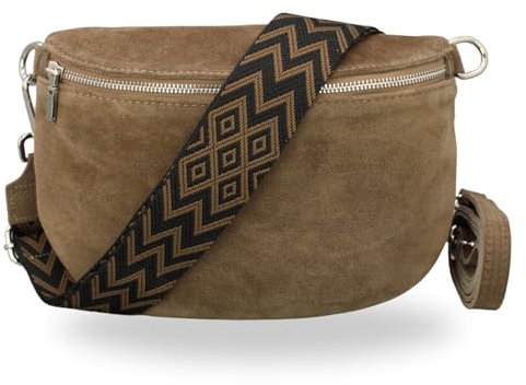 BRISE Bauchtasche Damen Wildleder AFIA Handgemachte Umhängetasche Crossbody Bag mit Ledergurt + Optionalen Breiten Gemusterten Riemen 3 Fächer Stylische Hüftltasche Made in Italy (Dunkeltaupe-2)