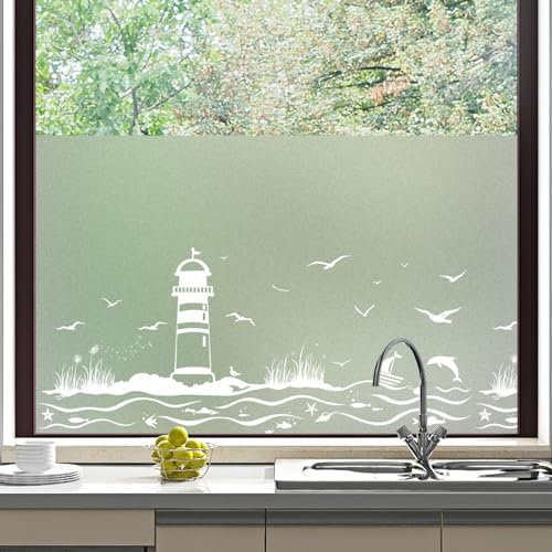 dktie Fensterfolie Blickdicht Sichtschutzfolie Fenster Milchglasfolie Vergrößertes Leuchtturm Muster Statische Aufkleber ohne Klebstoff Wiederverwendbar Geeignet für Wohnzimmer, Küche 90 x 200 cm