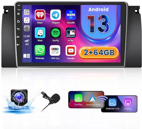 Hikity 2G+64G Autoradio Android pour BMW Series 5 E39 E53 M5 X5 1996-2007 avec sans Fil Carplay Android Auto Lien Miroir, 9'' Écran Tactile Radio FM RDS DSP WiFi Bluetooth GPS 28UI MIC SWC