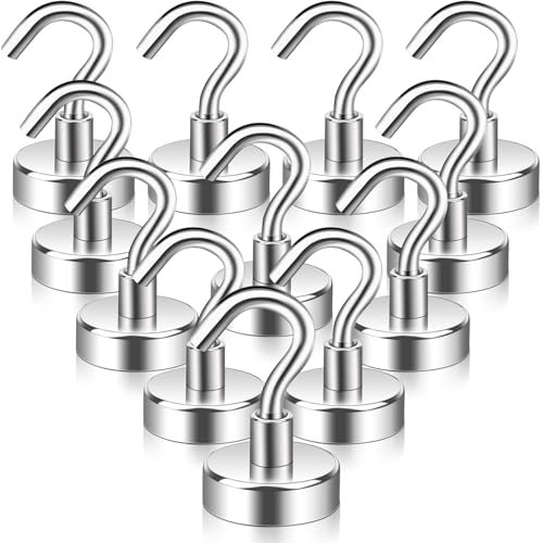 Keukenket 25MM Magnethaken Extra Stark 25kg Neodym Magnete mit Haken,12 Stück Magnet mit Haken,Magnet Haken Magnete mit Haken Extra Stark für Grill,Magnethaken für Dachrinne Camping Garage Küche