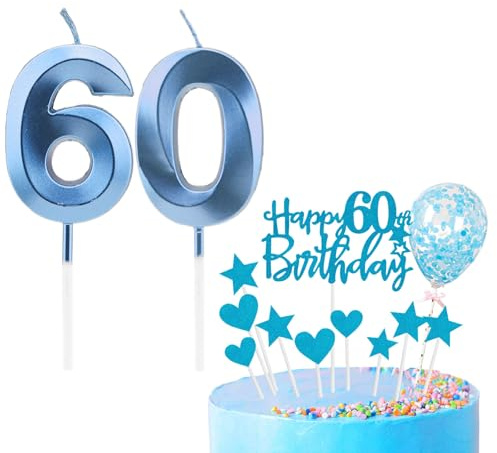 Bolosa 60th Birthday Candles Set, Number 60 Candle, 60th Birthday Decorations for Girls & Boys Parties & Weddings (Blue, Number 60)
