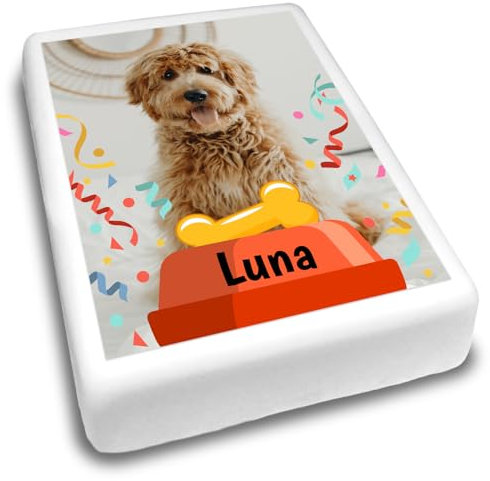 Cakeshop Portrait Personalised Edible Cake Topper With Dog Bowl & Bone | Personalise Custom Image & Name | For Birthdays & Celebrations | Multiple Shapes & Sizes | Icing & Wafer Paper Options