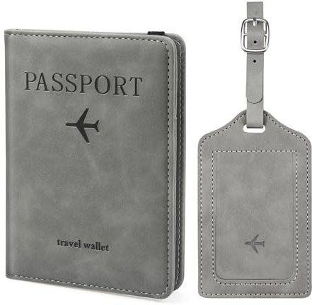 ILIYAH Reisepasshülle Gepäckanhänger-Set - Familien-Reisebrieftasche, RFID-Reisepasshülle aus Leder Deutsch, Gepäckanhänger für Koffer, Europa-Reiseanhänger (Grau Kombination)