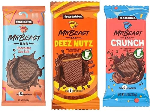 3x MrBeast Feastables Barres de Chocolat – Nouveau Pack de Dégustation avec 3 Saveurs – Sans Produits Laitiers – Chocolat en 3 Variétés