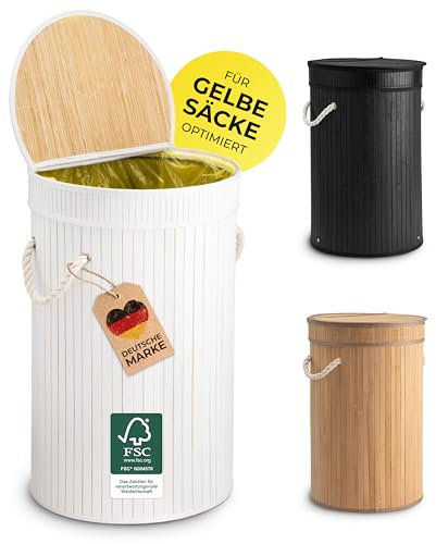 Ecojoo® Premium Gelber Sack Ständer aus FSC®- Bambus - doppelt verstärkt, Mülleimer Küche - geruchsdicht, Müllsackständer, Gelber Sack Halter, Abfalleimer Küche, Mülleimer 60l (weiß)