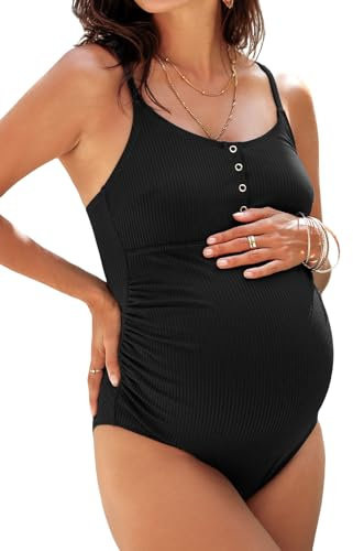 CUPSHE Maillot de bain maternité pour femme - Col en U - Boutons pression - Maillot de bain une pièce côtelé - Maillot de bain de maternité, Noir , L