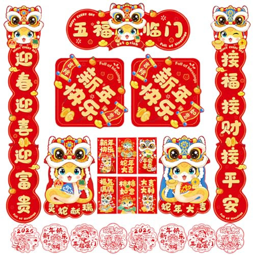Chinese New Year Decoration, Chinesisches Neujahr Couplets, 21 Stück Chinesische Couplet Deko Set mit Traditionelle Couplets Hongbao Tür Fenster Aufkleber für Chinesisches Neujahr 2025