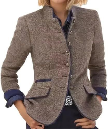 Suncadmious Blazer en tweed à simple boutonnage rétro pour femme printemps et automne veste en tweed à revers veste d'affaires élégante à manches longues et col montant ajusté (Café,Grand)