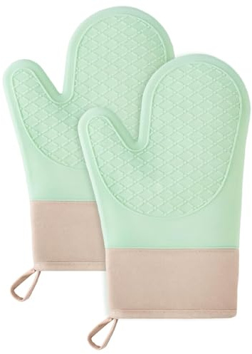 Ofenhandschuhe Hitzebeständig, Ofenhandschuhe mit Silikon Anti-Rutsch Oberfläche, 2 Stück Silikon Topflappen, Innenseite aus Baumwolle, Grüne Silikonhandschuhe für die Küche