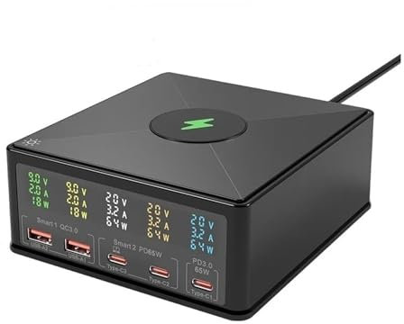 OUTFYT Estación de Carga USB de 160W, Cargador inalámbrico de 15W, Pantalla LCD USB-C QC3.0, Cargador rápido de 65W,Seguro y Eficiente