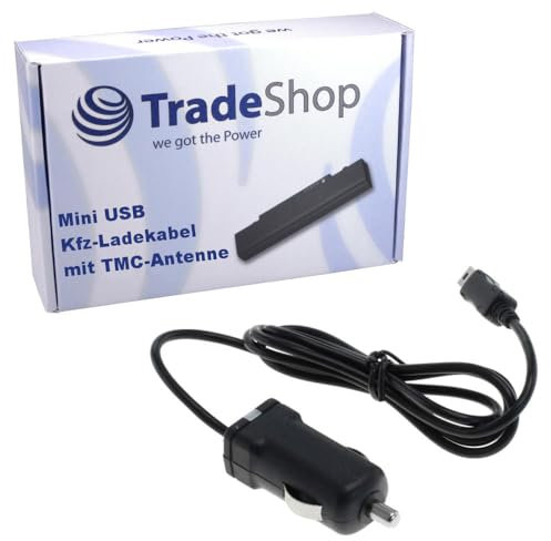 Trade-Shop Mini-USB KFZ-Ladekabel 12V/24V mit TMC Antenne, kompatibel mit Tomtom, Becker, Garmin Nüvi, Navigon Empfänger, Schwarz