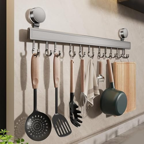 FERCOSEN Hakenleiste Küche ohne Bohren mit Saugnapf | 12 Haken, 60 cm lang, 20 kg Tragfähigkeit, 1-Minuten-Installation | Abnehmbare rostfreie hakenleiste für Küchenutensilien