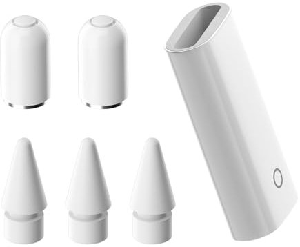 6 Set Punte Ricambio Compatibile con Apple Pencil 1st Generazione, 2 Tappo Magnetico Antismarrimento, 3 Punta Alta Sensibilità, 1 Adattatore Ricarica Lightning per iPad, Punta Accessori, Bianco